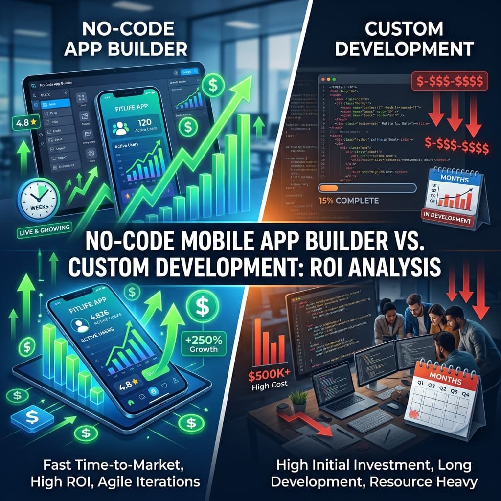 No-Code Mobile App Builder vs. Custom Development: A Comprehensive ROI Analysis